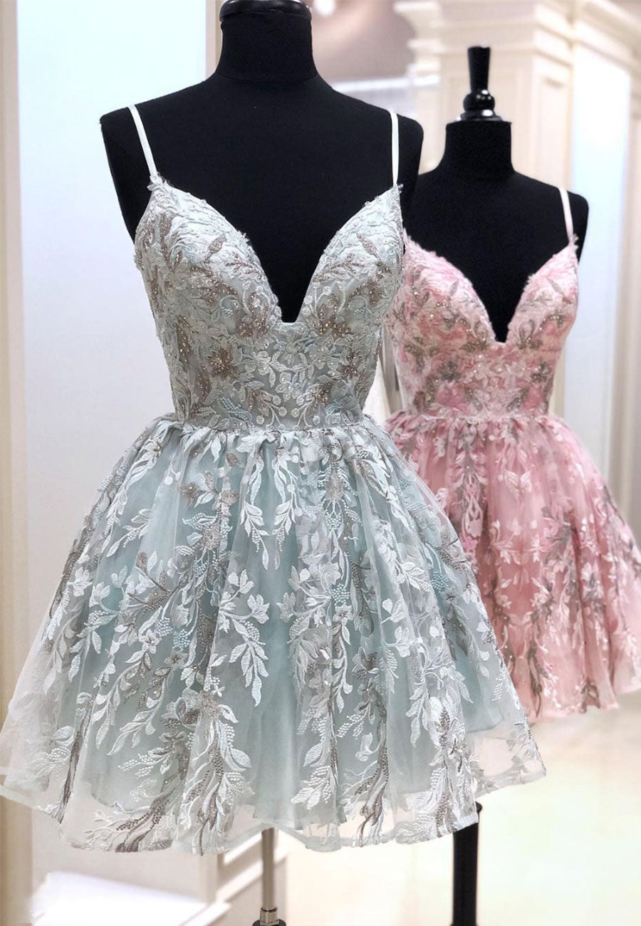 Formal Dresses Wedding Guest, Cute V-Neck Lace Short Prom Dresses, A-Line Homecoming Dresses