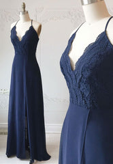 Bridesmaid Dresses For Beach Wedding, Blue Chiffon Lace Long Prom Dress, Blue A-Line Evening Dress
