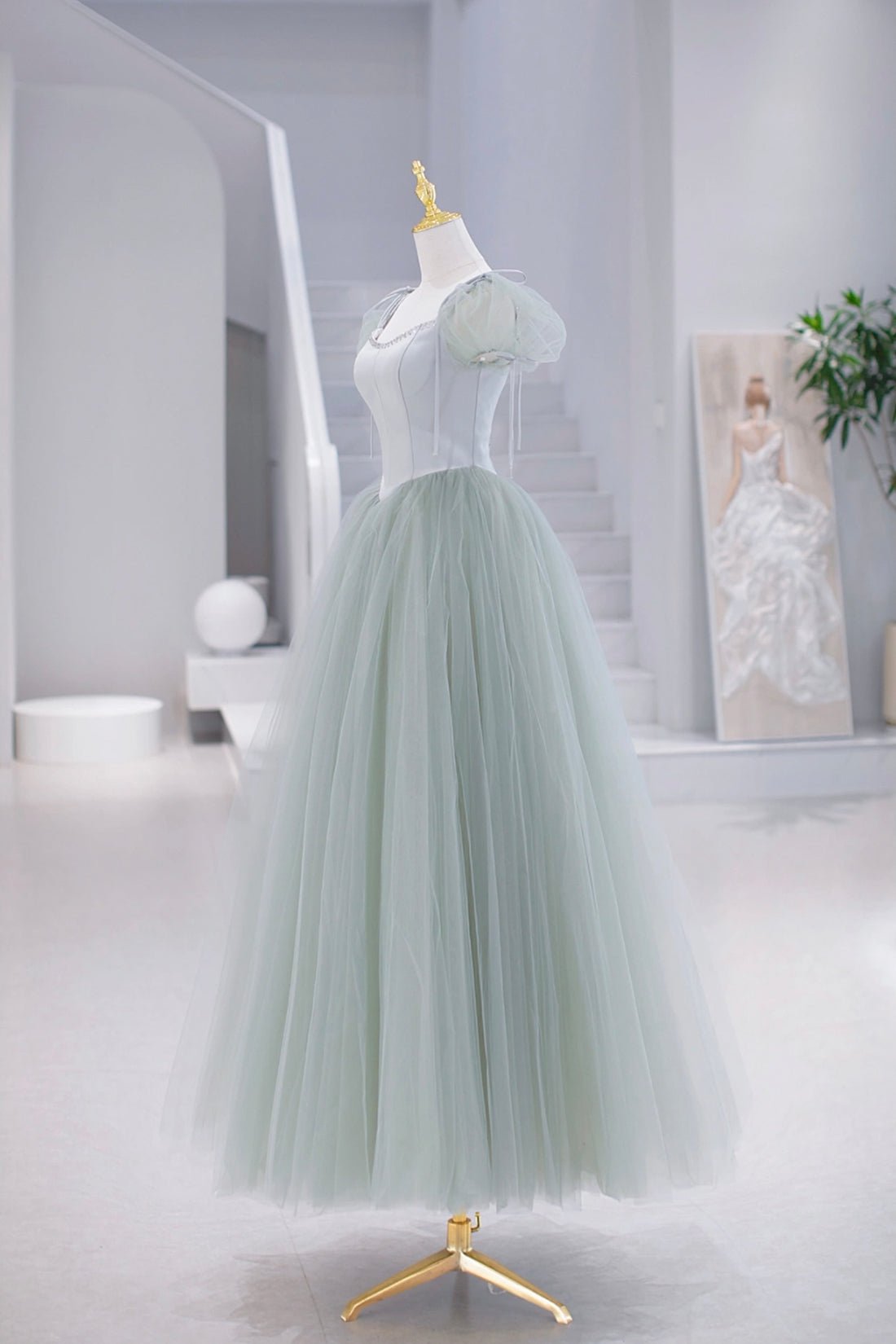 Formal Dress For Wedding, Lovely Tulle Floor Length Prom Dress, A-Line Short Sleeve Evening Party Dress