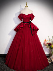 Prom Dress With Slit, Burgundy Sweetheart Neck Formal Dress, A-Line Tulle Floor Length Prom Dress