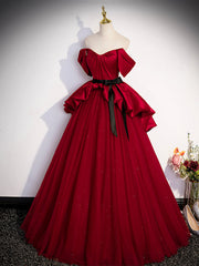 Prom Dresses Black, Burgundy Sweetheart Neck Formal Dress, A-Line Tulle Floor Length Prom Dress