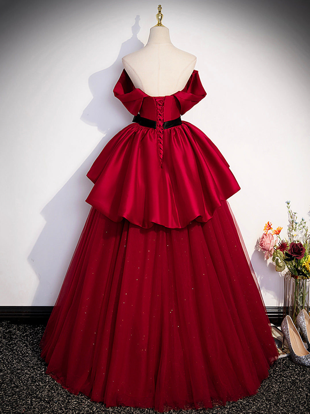 Prom Dresses Graduacion, Burgundy Sweetheart Neck Formal Dress, A-Line Tulle Floor Length Prom Dress