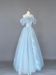 Party Dress New Look, Light Blue Tulle Lace Long Prom Dress, Beautiful Off Shoulder Evening Party Dress