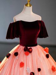 Homecoming Dress Website, Burgundy Velvet Tulle Long Formal Dress, Off the Shoulder Sweet Flower Party Dress