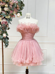 Bridesmaid Dresses Peach, Pink Strapless Tulle Short Prom Dress, Cute A-Line Homecoming Dress