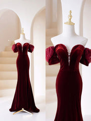 Homecoming Dress With Tulle, Burgundy Velvet Long Prom Dress, Mermaid Off Shoulder Evening Party Dress