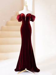 Homecoming Dresses Simpl, Burgundy Velvet Long Prom Dress, Mermaid Off Shoulder Evening Party Dress