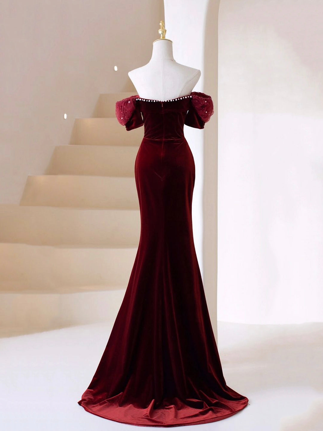 Homecoming Dress Boutiques, Burgundy Velvet Long Prom Dress, Mermaid Off Shoulder Evening Party Dress