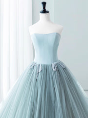 Bridesmaid Dresses 2036, Blue Satin Tulle Long Prom Dress, Lovely Strapless Evening Dress