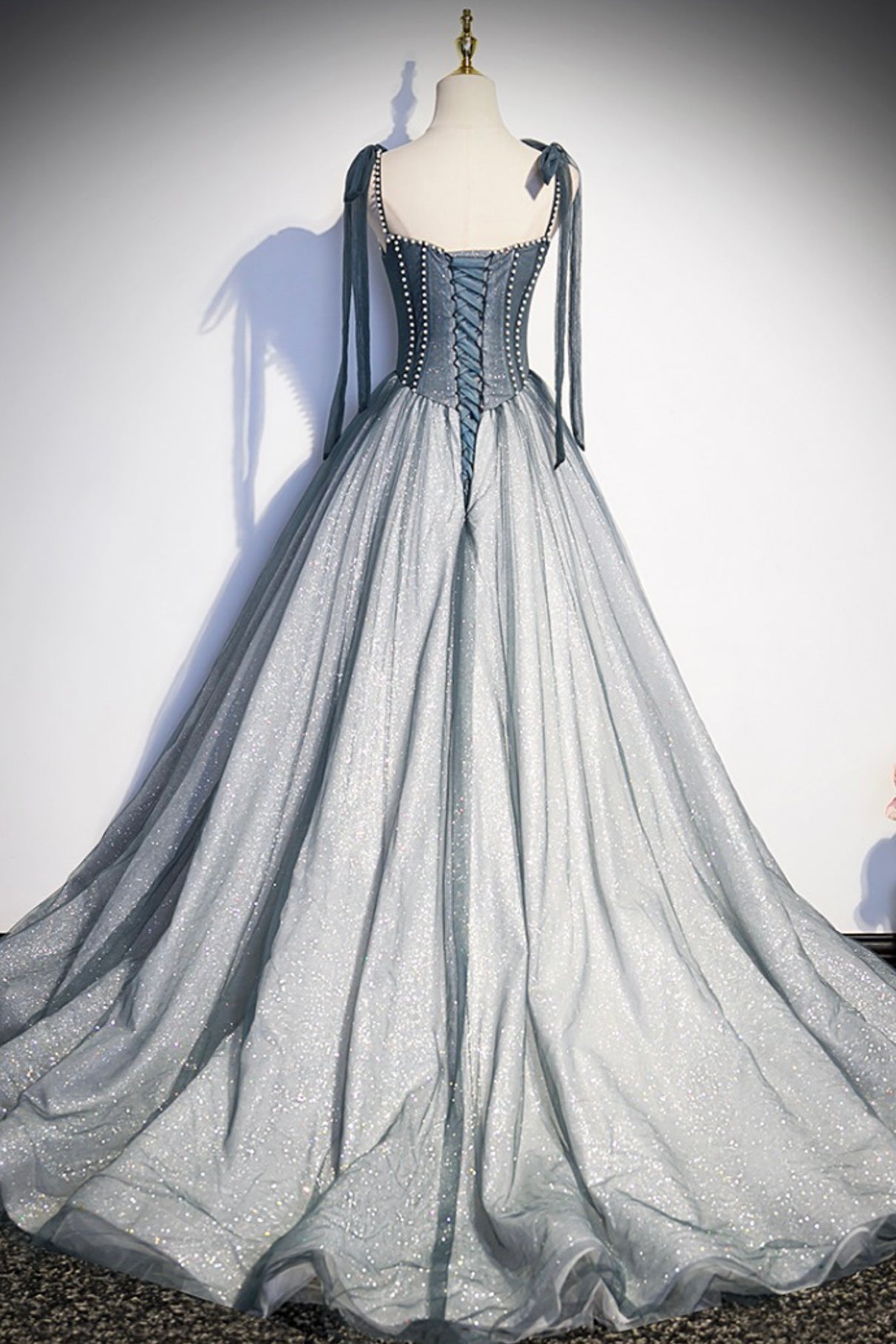 Formal Dress Fashion, Gray Spaghetti Straps Long A-Line Prom Dress, Gray Evening Dress with Beaded