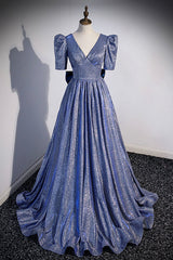 Bridesmaid Dresses Mismatched Colors, Blue Long A-Line Prom Dress, Simple V-Neck Short Sleeve Evening Dress