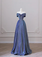 Reception Dress, Shiny Off the Shoulder Floor Length Blue A-Line Prom Dress