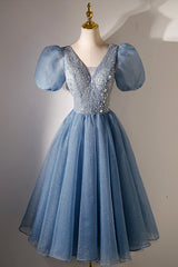 Party Dress Shop Near Me, A-line V-neck Sequins Short Prom Dress, Blue Short Sleeve Evening Dress