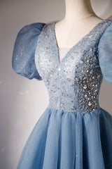 Party Dress Fancy, A-line V-neck Sequins Short Prom Dress, Blue Short Sleeve Evening Dress
