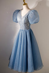 Party Dress On Line, A-line V-neck Sequins Short Prom Dress, Blue Short Sleeve Evening Dress