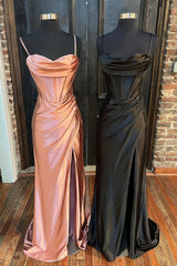 Cocktail Dress, Simple Satin Long Mermaid Prom Dress, Spaghetti Straps Party Dress with Slit