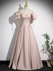 Champagne Bridesmaid Dress, Pink Satin A-Line Floor Length Prom Dress, Off Shoulder Short Sleeve Evening Dress