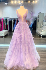 Bridesmaids Dresses Idea, Purple V-Neck Lace Long Prom Dress, Purple A-Line Formal Evening Dress