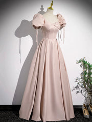 Sage Green Wedding, Pink Satin A-Line Floor Length Prom Dress, Off Shoulder Short Sleeve Evening Dress