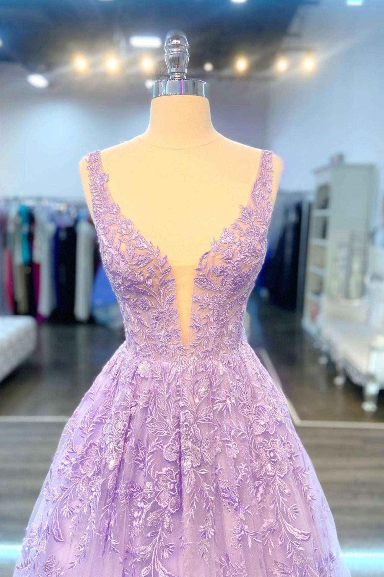 Bridesmaides Dress Ideas, Purple V-Neck Lace Long Prom Dress, Purple A-Line Formal Evening Dress