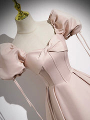 Wedding Aesthetic, Pink Satin A-Line Floor Length Prom Dress, Off Shoulder Short Sleeve Evening Dress