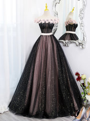 Bridesmaid Dresses Purples, Black Tulle and Pink Flowers Party Dress, Black  Off Shoulder Sweet 16 Dress