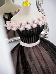 Bridesmaid Dress Purple, Black Tulle and Pink Flowers Party Dress, Black  Off Shoulder Sweet 16 Dress