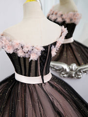 Wedding Color, Black Tulle and Pink Flowers Party Dress, Black  Off Shoulder Sweet 16 Dress