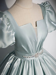 Party Dresses Short, Beautiful Satin Floor Length Prom Dress, A-Line Short Sleeve Evening Party Dress