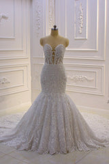 Wedding Dresses Unique, Luxurious 3D Lace Applique High Neck Tulle Mermaid Wedding Dress