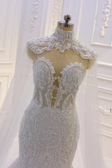 Wedding Dresse Unique, Luxurious 3D Lace Applique High Neck Tulle Mermaid Wedding Dress