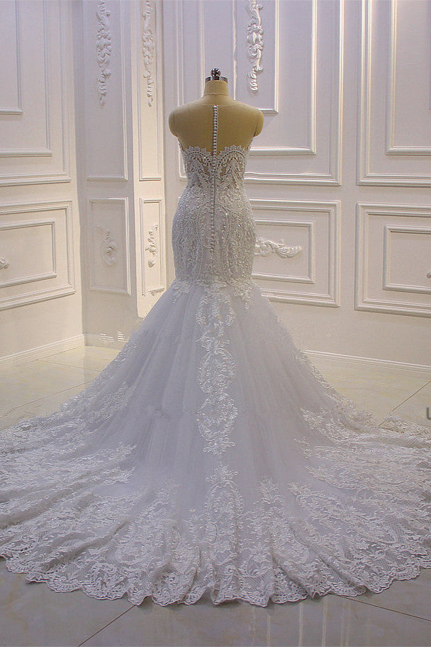 Wedding Dresses Gown, Luxurious 3D Lace Applique High Neck Tulle Mermaid Wedding Dress