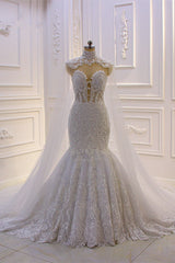 Wedding Dresses Long, Luxurious 3D Lace Applique High Neck Tulle Mermaid Wedding Dress