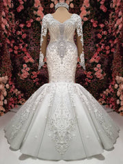 Wedding Dress , Luxurious Crystals Mermaid Bridal Gowns Long Sleevess Chapel Train Wedding Dresses