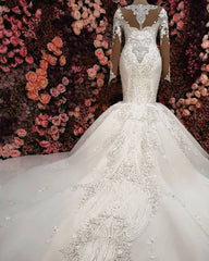 Wed Dress Lace, Luxurious Crystals Mermaid Bridal Gowns Long Sleevess Chapel Train Wedding Dresses