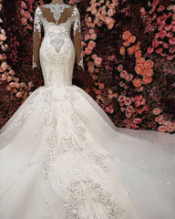 Weddings Dress Lace, Luxurious Crystals Mermaid Bridal Gowns Long Sleevess Chapel Train Wedding Dresses