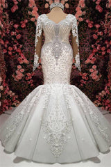 Wedding Dress Vintage Style, Luxurious Crystals Mermaid Bridal Gowns Long Sleevess Chapel Train Wedding Dresses