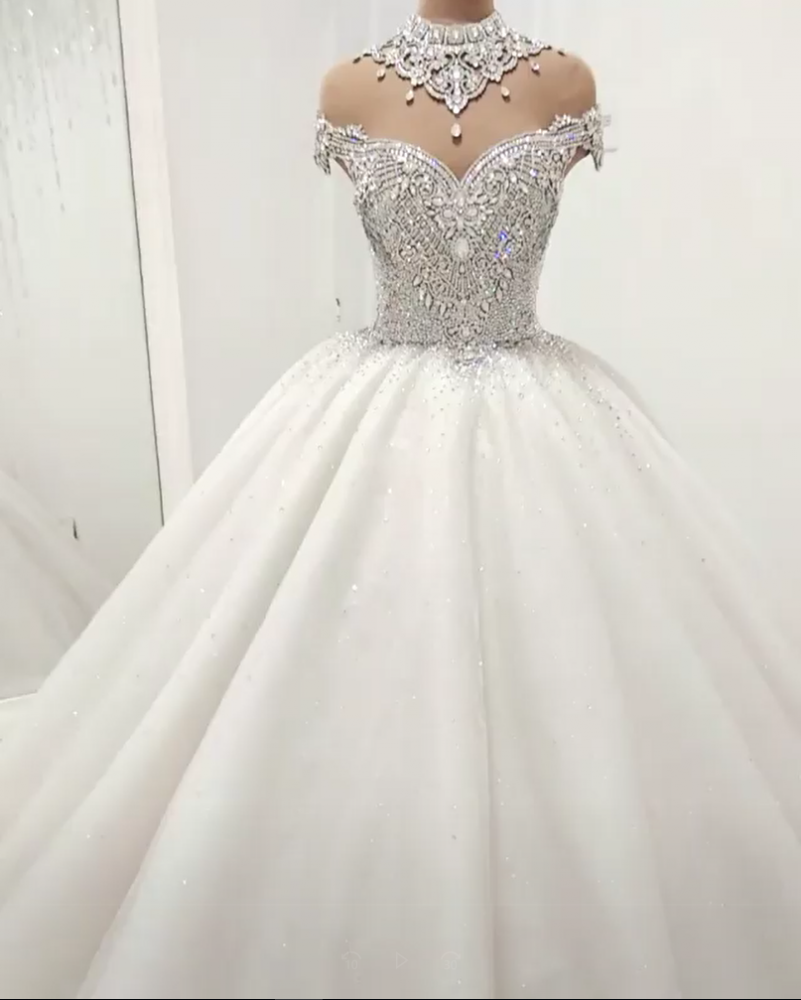 Wedding Dress With Sleeves Lace, Luxurious High Neck Crystal Beading Ball Gown Wedding Dresses