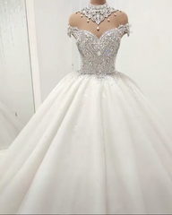 Wedding Dress With Sleeves Lace, Luxurious High Neck Crystal Beading Ball Gown Wedding Dresses