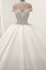 Wedding Dresses With Long Sleves, Luxurious High Neck Crystal Beading Ball Gown Wedding Dresses