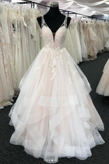 Wedding Dresses Lace A Line, Luxurious Long A-line Princess Tulle Lace Backless Wedding Dress