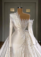 Wedding Dress Deals, Luxurious Long Sleeve Pearls Overskirt Wedding Dress Online