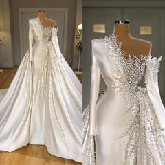 Wedding Dresses Bridesmaid, Luxurious Long Sleeve Pearls Overskirt Wedding Dress Online