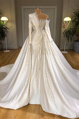 Wedding Dresses Dresses, Luxurious Long Sleeve Pearls Overskirt Wedding Dress Online