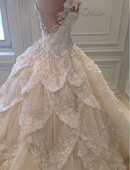 Wedding Dress Shape, Luxurious Off the Shoulder Beading Wedding Dress Crystal Tiered Chapel Train Bridal Gowns