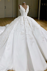 Wedding Dresses Budget, Luxurious V Neck Appliques Princess Ball Gown Delicate Wedding Dress