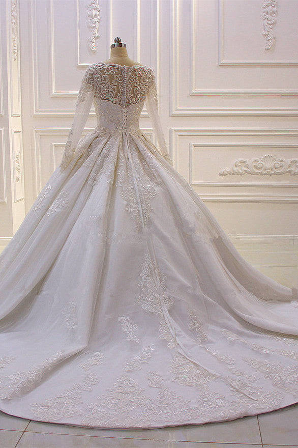 Wedding Dresses Inspiration, Luxurious White Long Sleevess Appliques Beadings Wedding Dress