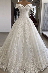 Wedding Dresses Sleeves, Luxury Long A-line Off the Shoulder Applique Lace Wedding Dress