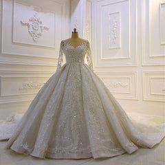 Wedding Dress Online Shops, Luxury Long Ball Gown Lace Appliques Wedding Dress with Sleeves