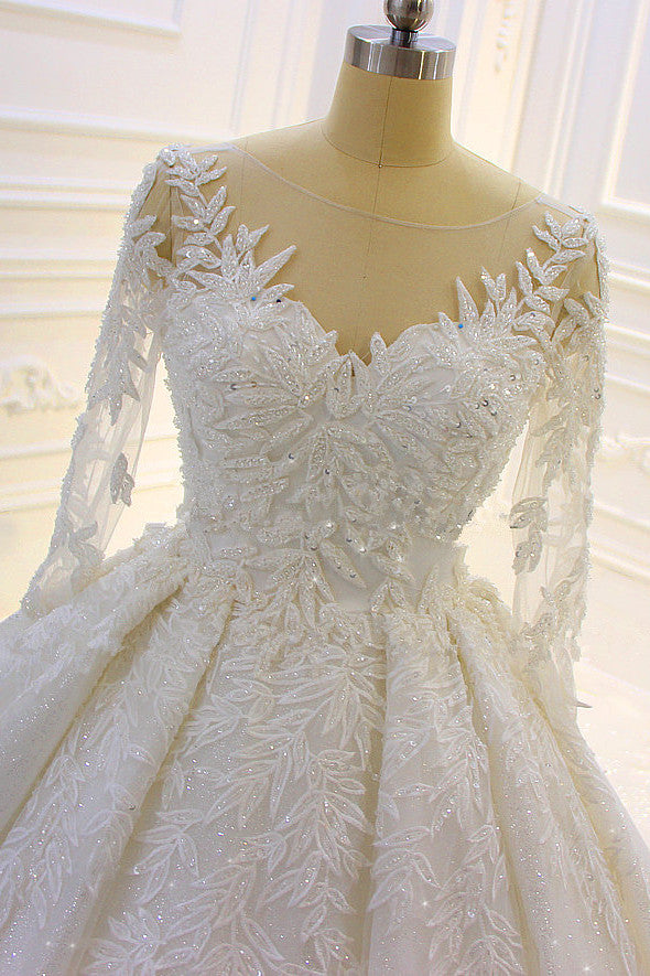 Wedding Dress Styles 2023, Luxury Long Ball Gown Lace Appliques Wedding Dress with Sleeves